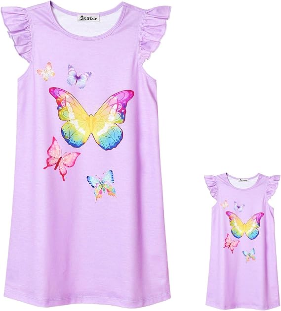 Jxstar Matching Girls&Doll Nightgowns Pajamas Princess Sleepwear Flutter Sleeve Night Dresses