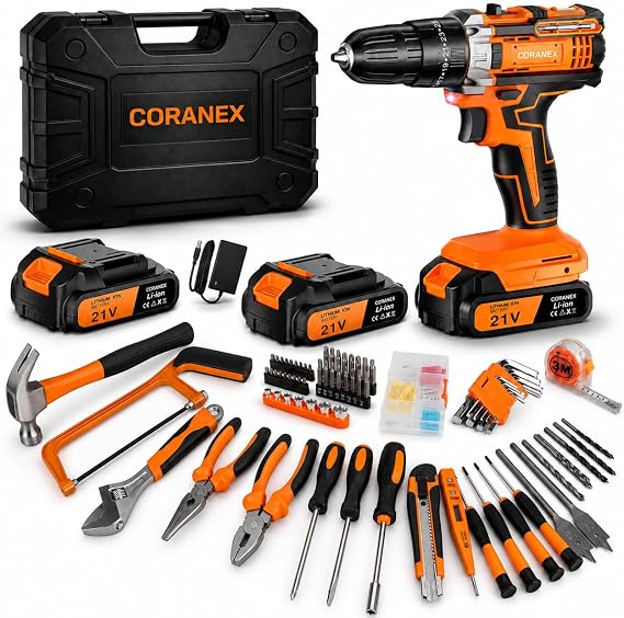21V Cordless Drill Set with Toolbox & All-in-One Tool Kit | 25+1 Torque, 2-Speed, 3/8" Keyless Chuck, 2 Batteries, for Home Repair and DIY Projects