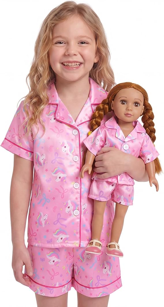 Girls Satin Pajamas with Doll Matching Clothes Fits 18 Inch Dolls Sleepwear
