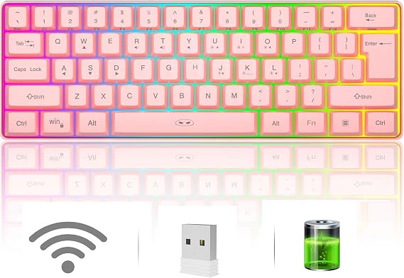 MageGee TS92 Wireless 60% Gaming Keyboard, Compact 61 Keys Rechargeable RGB Backlit Office Keyboard, 2.4G Wireless Connection, Pink Waterproof Portable Computer Keyboard for Mac Windows Laptop