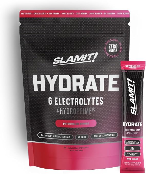 Hydrate Heat-Resistant Electrolyte Powder Packets - 2,278 mg from Baja Gold Sea Salt, Coconut Water, 90 Minerals, Potassium, Magnesium, Sugar Free, Nothing Artificial-Watermelon