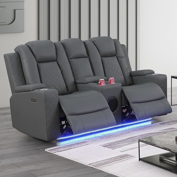 Power Loveseat Recliner Sofa, Home Theater Seating Loveseat with LED Light, Breathing Leather Reclining Loveseat Couch with Storage/Cup Holder/USB Charging (Grey)