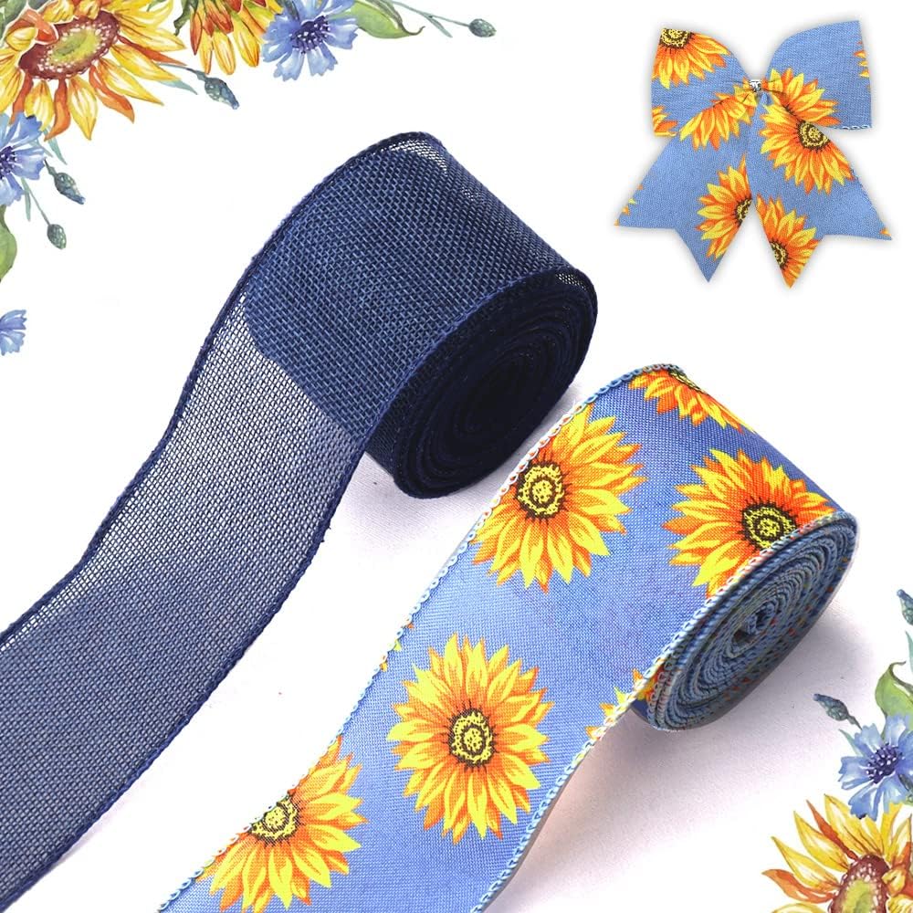2 Rolls Fall Sunflowers Ribbons for Wreath Bows, 2.5×10 Yard Wired Edge Ribbon Blue Flowers Burlap Ribbons for Gift Wrapping Thanksgiving Day Decoration Supplies