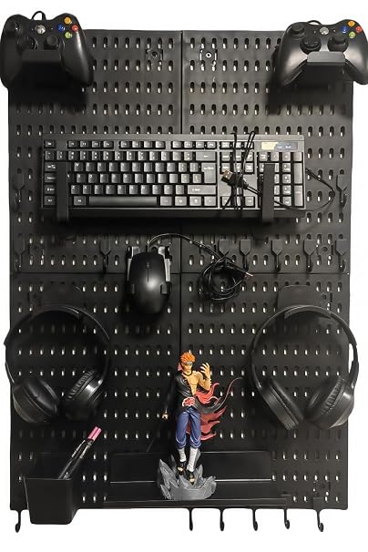 Gaming Pegboard Organizer Wall Mounted 4 Pack - Controller Holder Headset Stand Keyboard Storage - Black Pegboard with 15 Hooks for Gaming Room Setup
