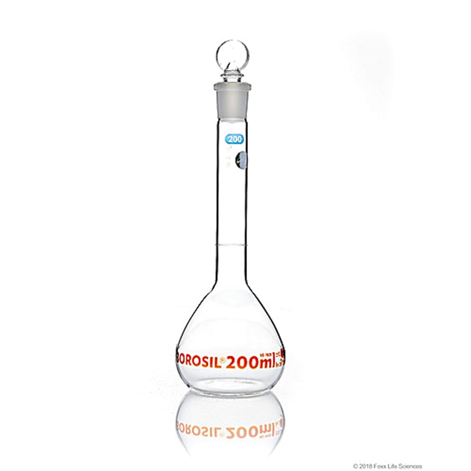 Foxx Life Sciences 5647020A Borosil Borosilicate Glass 3.3 Wide Mouth Class A Volumetric Flask with Interchangeable Solid Glass Stopper, Clear, 200 ml Capacity Pack of 10