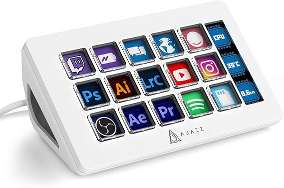 AJAZZ AKP153 Stream Studio Controller Keypad Type-c Wired Keyboard-White | 15 Macro LCD Key,1 Side Screen Display,Detachable Stand for Multi Action Triggered in WIN MAC Twitter TikTok YouTube OBS App