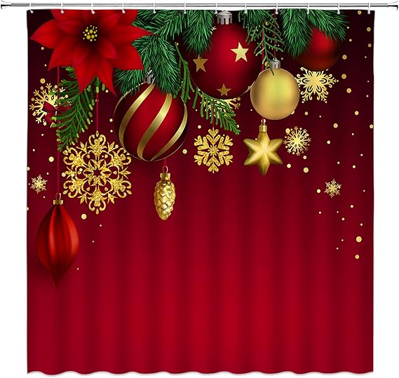 Red Christmas Shower Curtain Xmas Ball Gold Snowflake Green Pine Leaf Poinsettia Xmas Holiday Winter Party Bathroom Curtain Fabric with Hooks(70" WX70 H)