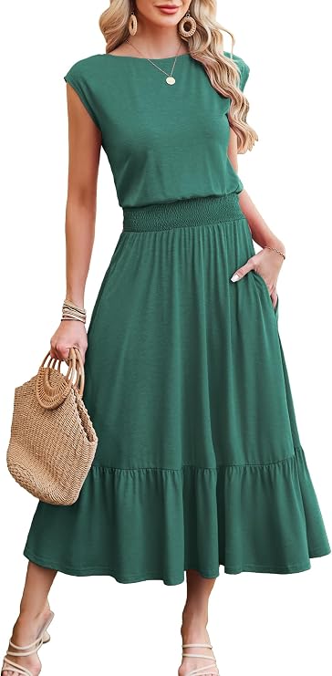 Kikibell Womens Summer Dresses Cap Sleeve Elastic Waist Midi Dress with Pocket Long Causal Sundress Beach Vacation Outfits