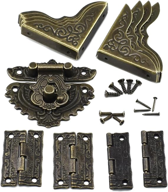 Antique Engraved Latch Hasp Hinges Box Corner Protectors with Screws Kit Embossing European Gothic Style for Jewelry Wood Cases Repairing and Decoration