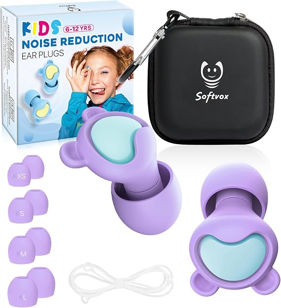 Kids Ear Plugs for Ages 6+, Reusable Noise Reduction Ear Protection | 4 Tip Sizes, Comfort Hearing Protection Child Adult Small Ear, 26dB Noise Sensitive Travel Focus Concert School Loud Events