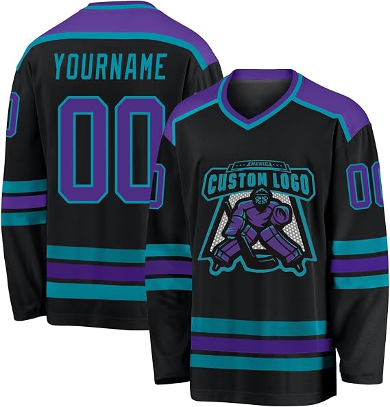 Personalized Hockey Jersey, Hockey Jersey, Hockey Jerseys for Men. Custom Black Purple-Teal Hockey Jersey