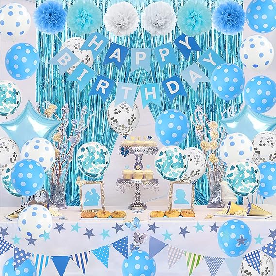 Light Blue Birthday Decorations, Blue White Happy Birthday Party Supplies