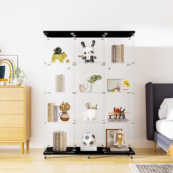 4-Tier Display Cabinet with 12 Compartments, Modern Glass Curio Cabinets with 2 Lockable Doors & 6 Lockable Wheels, Floor Standing Curio Bookshelf Collection Display Case (Black)