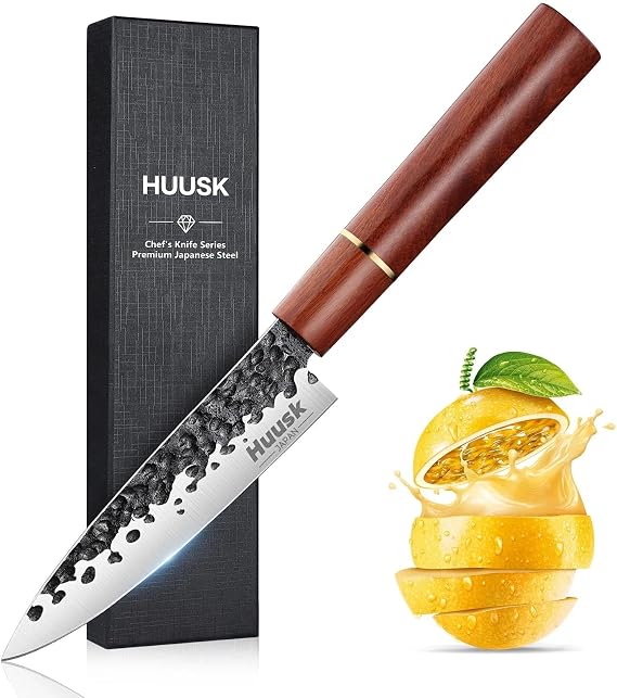 Huusk Japanese Paring Knife 5", Hand Forged Fruit Knife, Gifts Idea | High Carbon Steel Utility Kitchen Knives, Japanese Petty Chef Knives with Rosewood Handle, Small Peeling Knifes for Vegetable