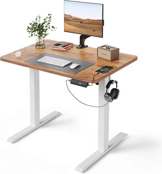 FEZIBO Height Adjustable Desk, Single Piece Table Top, 100 x 60 cm, Height Adjustable with USB-A and USB-C Charging Ports, Standing Seat Table for Home Office, Standing Desk, Light Brown