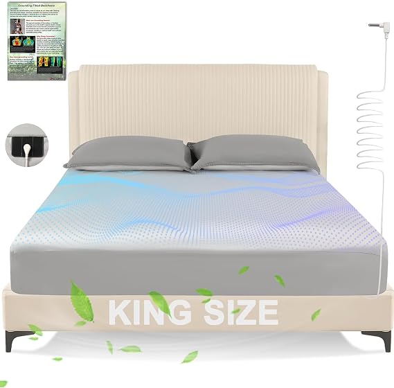 Grounding Sheets King Size, Earthing Grounded Fitted Bed Sheet 10% Pure Silver Fiber + 90% Organic Cotton, Bed Grounding Kit with grounding Cord for Improved Sleep & Wellness(Gray,King - 80"x78"x15")