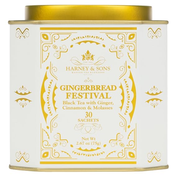 Harney & Sons Gingerbread Festival Black Tea, 30 Sachets in Tin | Black tea with ginger, cinnamon, molasses and vanilla flavors. Contains caffeine.