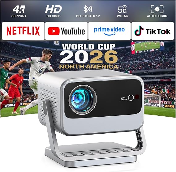 [4000 ANSI & Now with Netflix] 4K Projector with WiFi and Bluetooth for Display Booths, Auto Focus Keystone Smart Projector , Voplls Mini Projector with Adjustable Stand for Home Bedroom (Silver Grey)