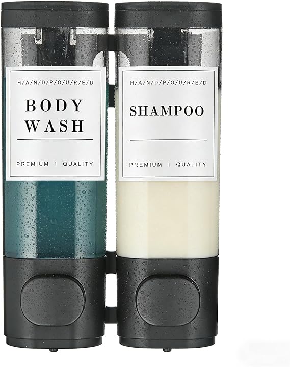 Cabo Deseado Shampoo and Conditioner Dispenser, 2 Chamber, Black, Wall Mounted, No Drill, 2 * 300ml, Bathroom Shower Soap Dispenser