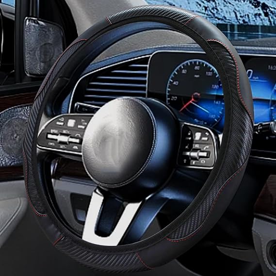Universal Stretchable Steering Wheel Cover, Premium Leather & Carbon Fibre Style, Anti-Slip, Breathable & Sweat-Resistant, Fit 37-38cm/14.5-15inch Steering Wheel, Steering Wheel Protector Cover, Black