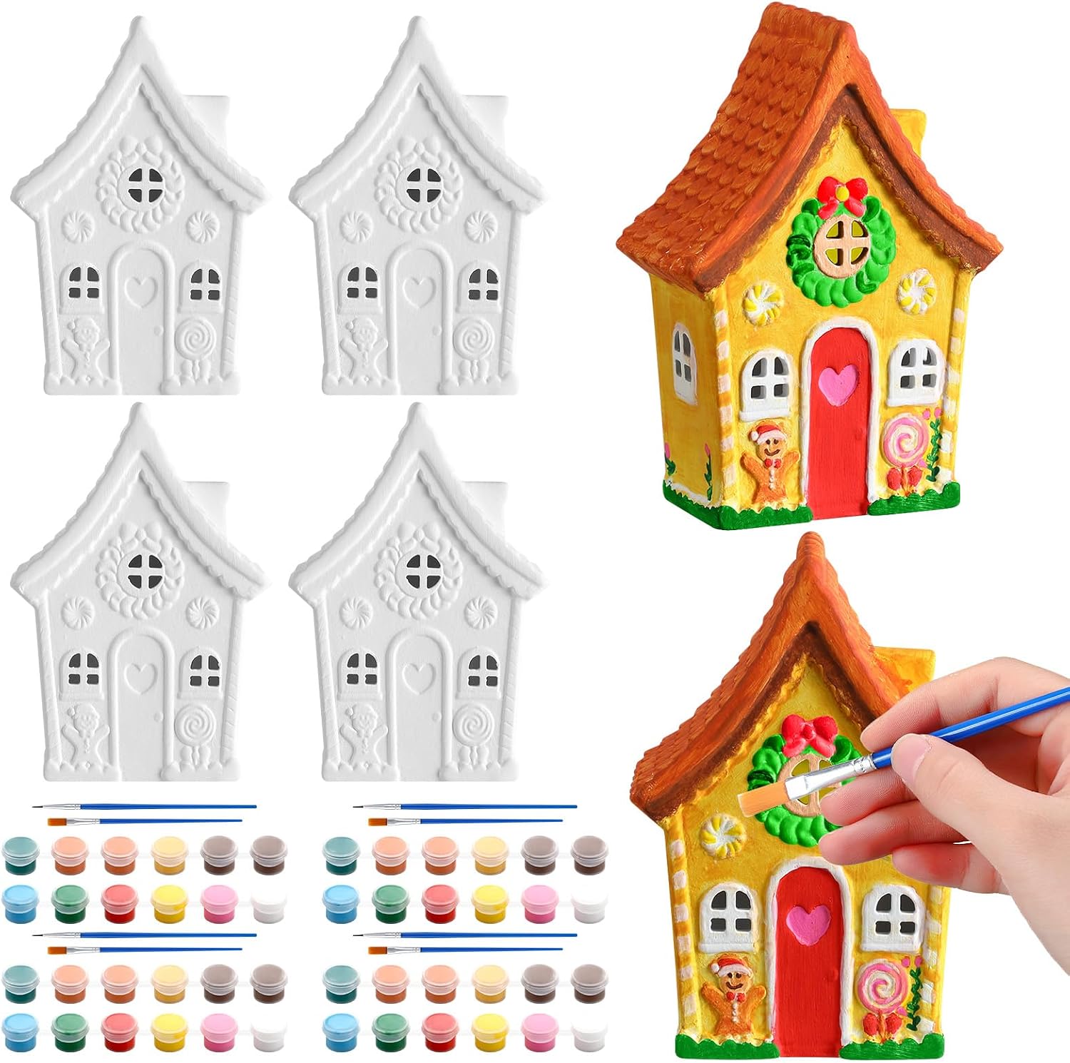 Seenelling 4 Pcs Christmas Ceramic to Paint Crafts DIY Gingerbread House Unpainted Ceramic Make Your Own 3D Christmas Plaster Crafts for Xmas Holidays Party Supplies
