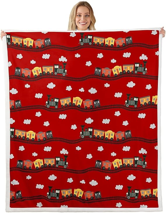 Erosebridal Kids Cartoon Train Sherpa Blanket Baby for Boys Cute Truck Car Themed Fleece Throw Blanket Kawaii Steam Engine Plush Bed Blankets White Clouds Watercolor Red Vehicles Fuzzy Plush