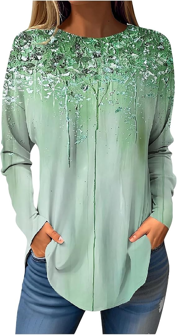 Womens Tunics to Wear with Leggings Long Sleeve Loose Fit Casual Tops Crewneck Comfy Dressy Business Blouses Trendy Soft Curved Hem Graphic Basic Tees Cute Floral Leaf Print Spring Workout Top