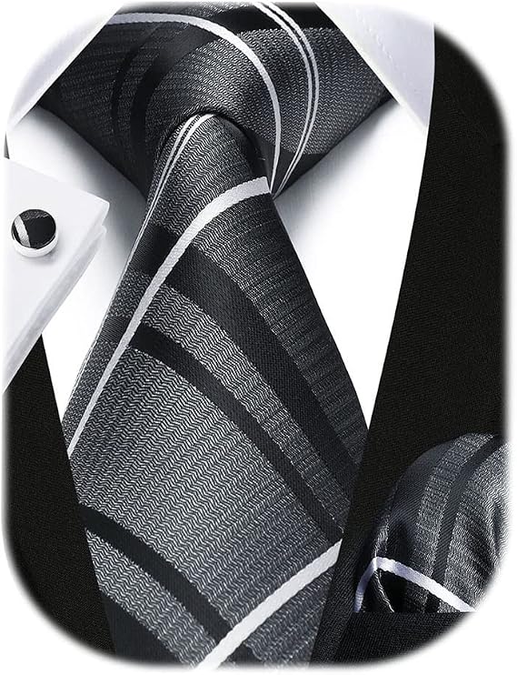 HISDERN Mens Ties Set Stripe Plaid Ties for Men and Pocket Square Cufflinks Formal Silk Necktie Wedding Business