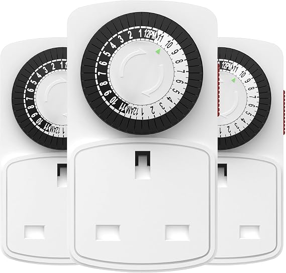 HBN 24 Hour Plug-in Mech Timer Plug Socket UK for Home Security,3PACK