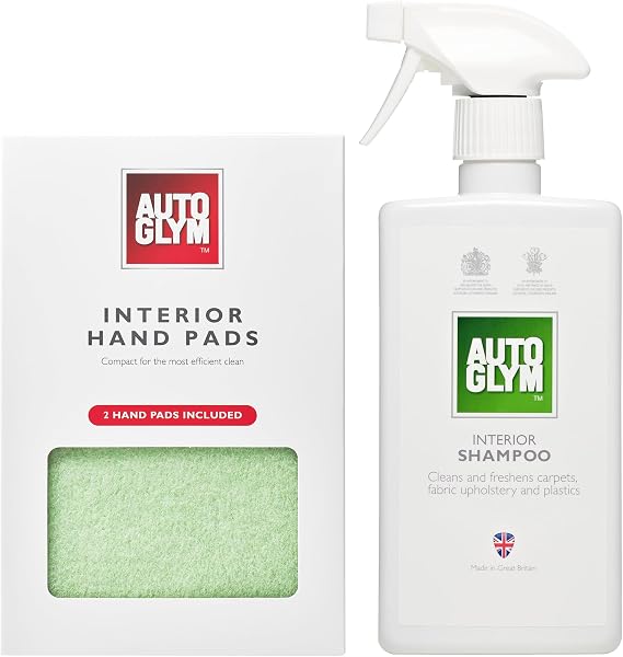 Autoglym Interior Shampoo, 500ml - Car Interior Shampoo That Cleans and Freshens Carpets, Fabrics, Upholstery and Plastics + Autoglym Interior Hand Pads, 2 Pack, Car Cleaning Pads, Lift Dirt With Ease