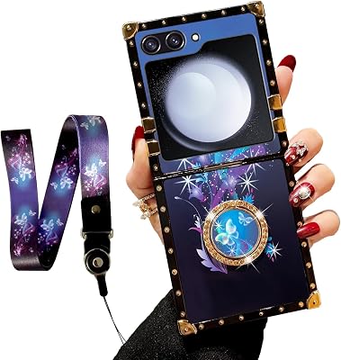 nancheng for Samsung Galaxy Z Flip 5 2023 Phone Case Cute Girls Women with Ring Stand  Strap Lanyard Shockproof Protection Cover - Butterfly Darkblue