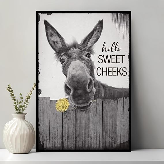 Donkey Bathroom Canvas Wall Art Funny Donkey Pictures Farmhouse Animal Prints Hello Sweet Cheeks Animal Artwork Rustic Donksy Painting Funny Animal Bathroom Poster for Bedroom Decor 16x24inch No Frame