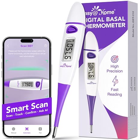 easy@Home Digital Basal Body Thermometer for Adults - Ovulation BBT | Precise 1/100th Degree Tracking. Flexible Waterproof Tip & Memory Recall. Auto Scan with Premom App