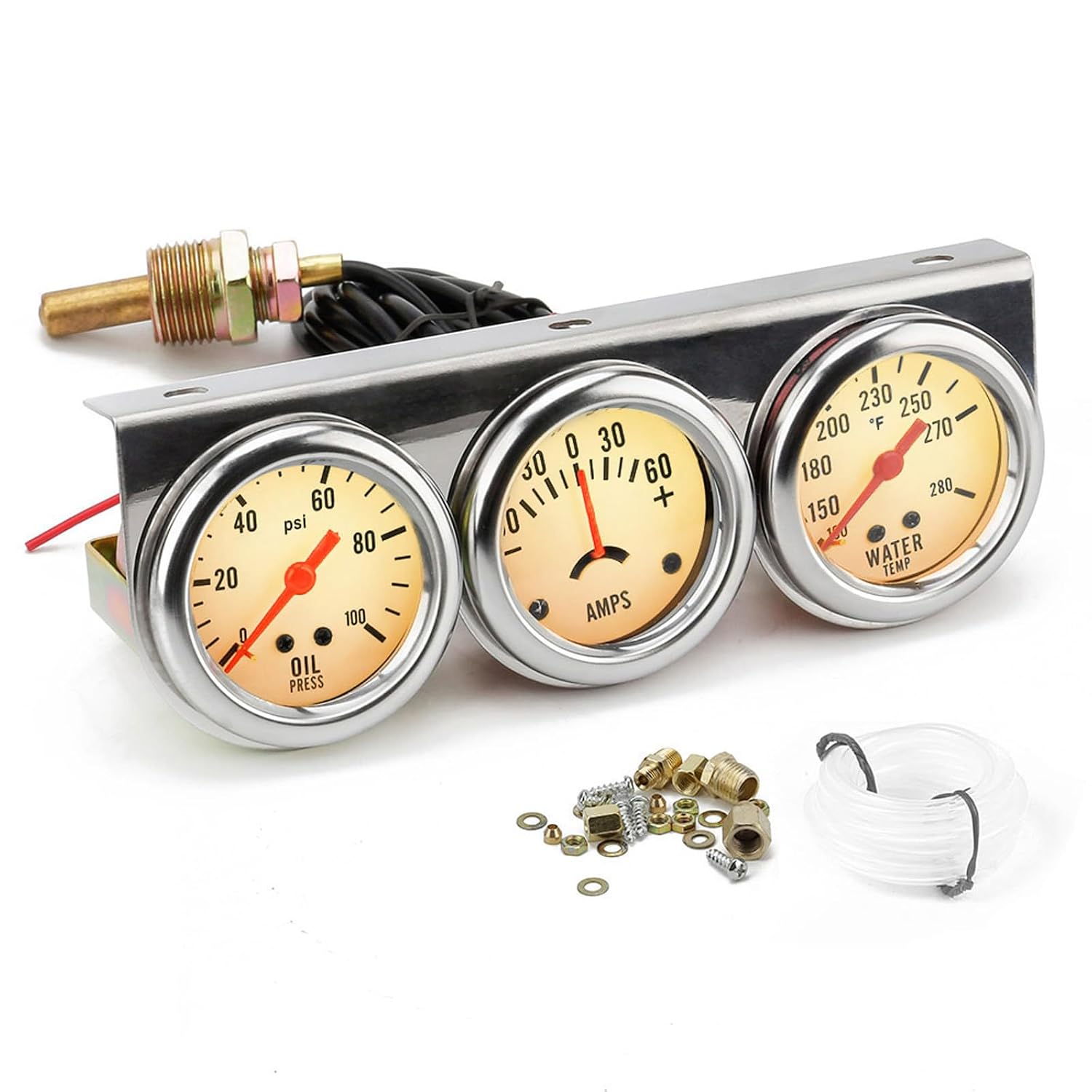 2 52mm Universal Chorme 12V DC Car Triple Gauge Kit Psi Hydraulic Gauge Fahrenheit Water Thermometer Ammeter Gauge Set White Face Car Meter