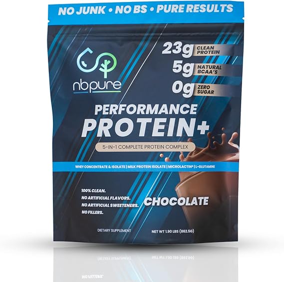nbpure Performance Protein+ Natural Protein Blend, Chocolate | 23g protein per serving, Whey isolate & concentrate plus milk protein, Clean, healthy formula, Artificial ingredient-free