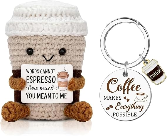 Emotional Support Gift, Positive Crochet Coffee Cup Plush With Keychain, For Home And Office Decor, Cute And Positive Gifts For Friends, Colleague, Family Members