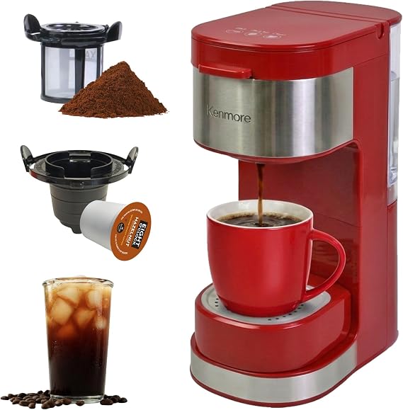 Kenmore Single Serve Coffee Maker Compatible with Keurig KCup Pods & Ground Coffee, One Cup Brewer, 612 Oz Brew Sizes, Travel Mug Friendly, Auto ShutOff, Hot & Iced Maquina de cafe, Red