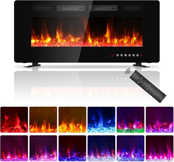 42 inch Ultra Thin Electric Fireplace, Freestanding, Recessed or Wall Mounted, 1500W Energy Efficient Heater with Realistic 3D Crystal Flame Effect, Remote Control & Touch Panel, UKCA/CE Certified