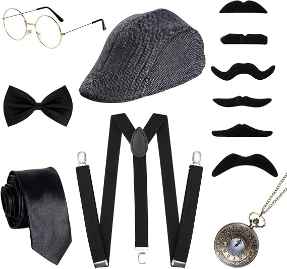 Ishua 1920s Men Gangster Costume Accessories Set, 13 pcs Men Costume Accessories, Roaring Retro Mens Gatsby Accessories 1920s