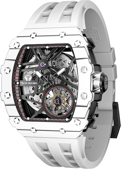 TSAR BOMBA Luxury Automatic Square Replica Tonneau Mens Watches 50M Waterproof Skeleton Mechanical Stylish Watch for Men Simple Mens Silver Wrist Watch Cool Unique Watch with Silicone Strap