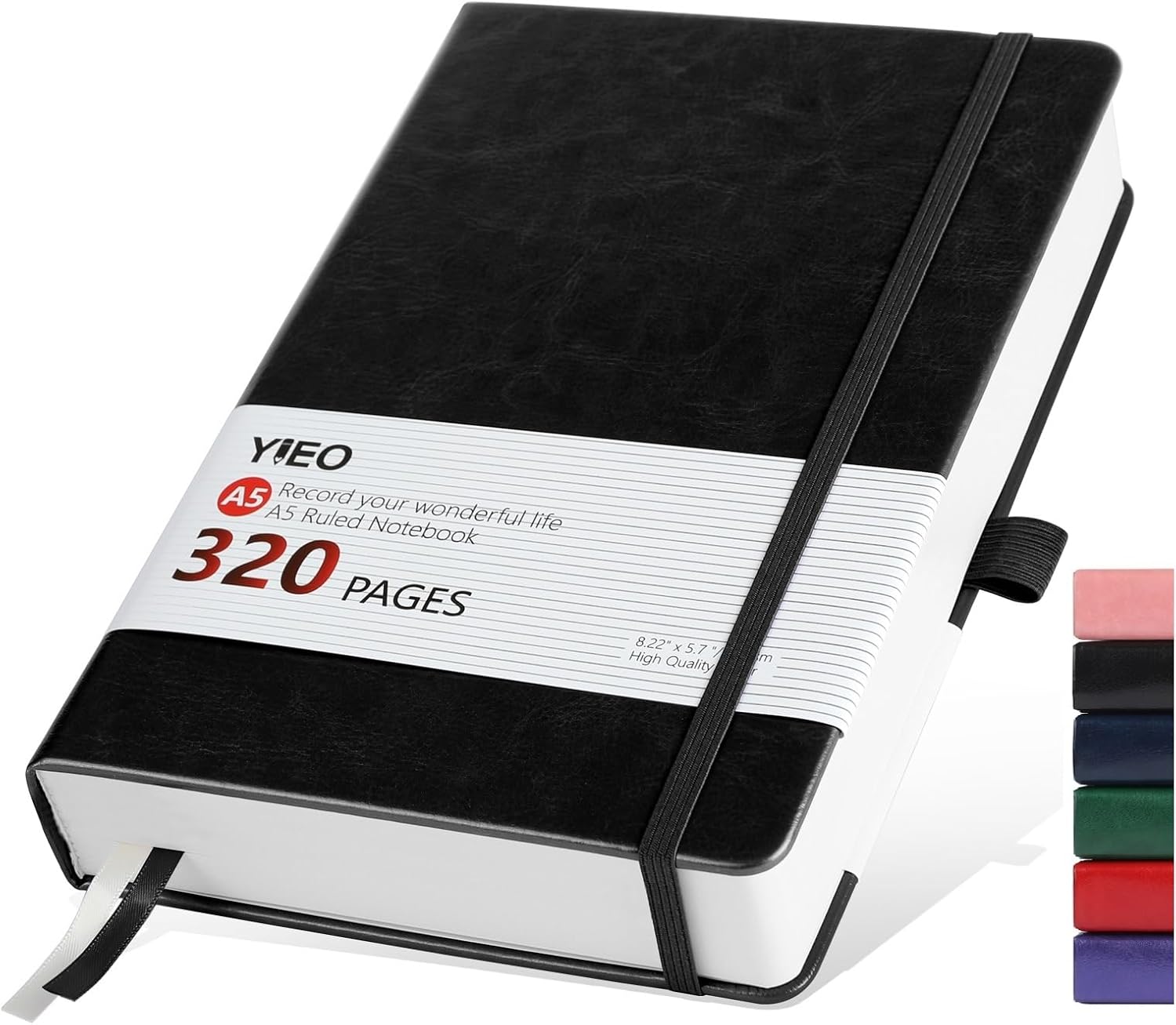 Notebook A5, Hardback A5 Notebook Thick Journal Notebook 320 Pages 100GSM A5 Lined Note Book Hardcover Notepad with Inner Pocket, Pen Loop, Elastic Closure and 2 Ribbon Page Marker,14.5 x 21cm-Black