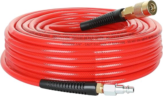 Hromee 1/4-Inch x 50 Feet Polyurethane Air Hose with Bend Restrictors PU Compressor Hose with 1/4" Industrial Quick Coupler and Plug Kit, Red
