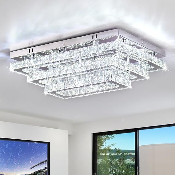 Finktonglan Modern Crystal LED Ceiling Light 20in Rectangular Flush Mount [Energy Class E]