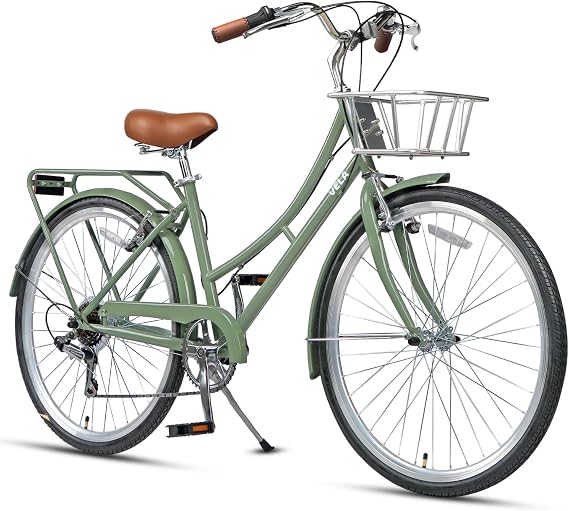 AVASTA 26 Inch Hybrid Bike, Lightweight Step-Through High Tensile Steel Frame for City Commuting, 6 Speed Comfort Bicycle with Metal Basket in Elegant Green with Stylish Black Tires for Woman Female