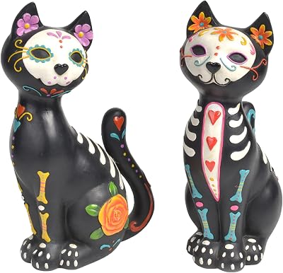 Newman House Studio Sugar-Skull Halloween-Decorations - Day-of Dead-Figurines Floral Cats Couple-Decor Dia de Los Muertos Black Kitten Collectibles Set of 2, 6.3L x 4.0W x 10.2H inch