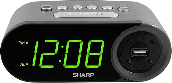 Sharp Digital Alarm Clock with 2A USB Charging and Green LED Display | 2A high-speed USB port; Easy-read green LEDs; Simple controls; Phone or tablet charging; Black