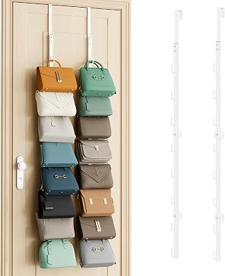 SWTYMIKI Over The Door Purse Organizer - 2 Packs Wall Mounted Purse Rack with 8 Hooks Design, Hanging Handbag Organizer Storage Holds up to 16 Bags, Bag Rack for Closet, Door White