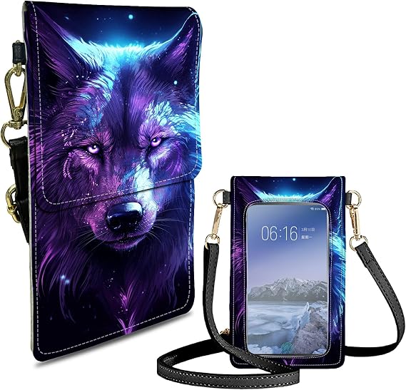 Touch Screen Crossbody Phone Bag,Purple Wolf | DIGTIALL Small Crossbody Bags for Women, Touch Screen Phone Purse Wallet with RFID Blocking Leather Shoulder Strap Pouch