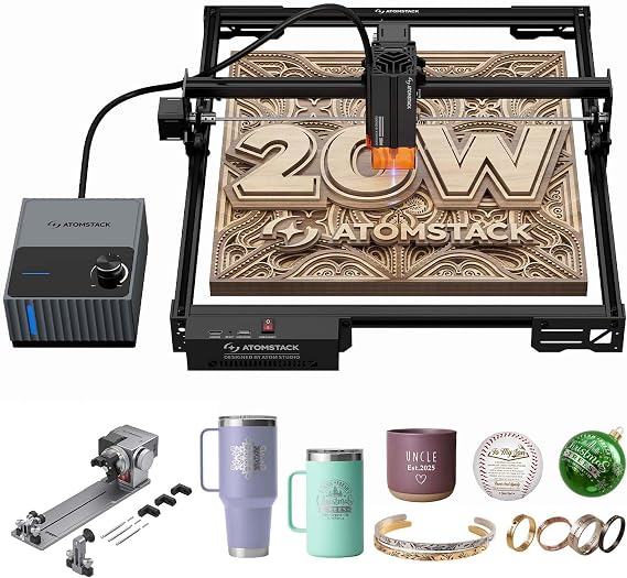 ATOMSTACK 20W A20 PRO V2 Laser Engraver with Auto Air Assist & R8 Rotary Chuck, 0.06mm High Accuracy Laser Cutter for Wood, Metal, Acrylic and Glass, Professional DIY Laser Engraving Machine