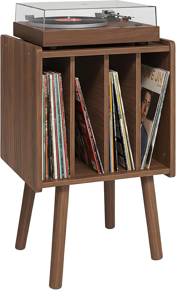 Montex Record Player Stand, Vinyl Record Storage Table with 4 Cabinet, Holds up to 40 Vinyls, Mid Century Modern Turntable Stand, Organizer Vinyl Table for Bedroom Living Room(Walnut)